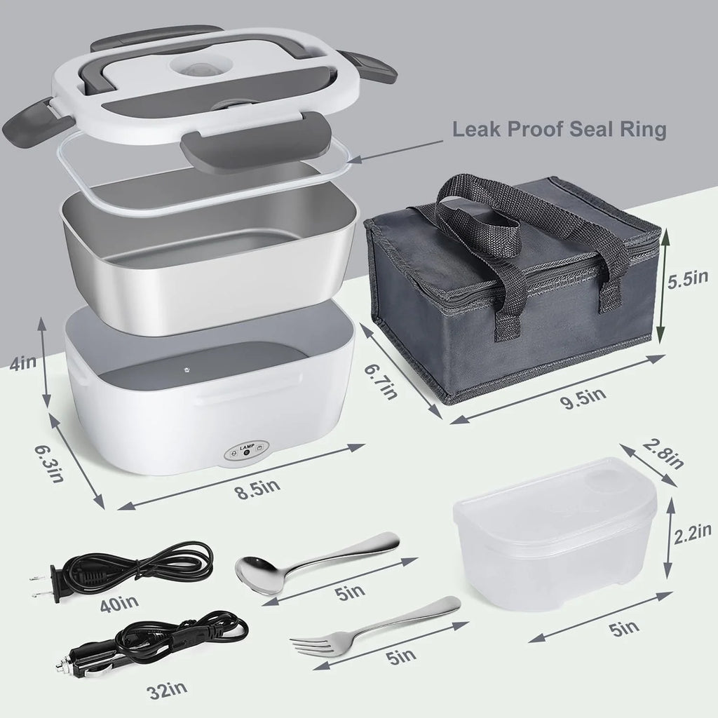 Electric Lunch Box Food Heater,  80W Electric Heating Lunch Boxes for Car/Men/Adults/Home/Work, 1.5L Removable 304 Stainless Steel Container, 110V/12V/24V, with Fork & Spoon