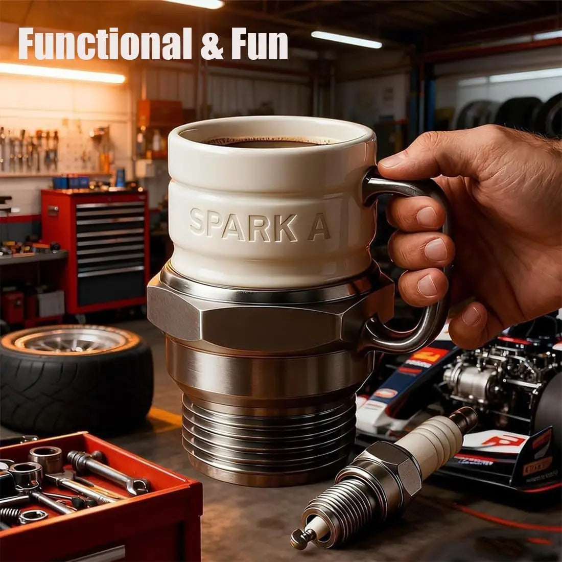 Spark Plug Ceramic Mug, Stylish Coffee Mugs, Automotive Theme Coffee Cup for Car Enthusiasts, Mechanics and Garage Lovers, Unique Christmas Gift for Auto Fans, Funny Dad Mug