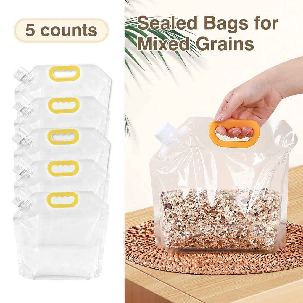 5 Counts Reusable Food Sealed Bags, Leak-Proof Construction with Secure Lid, Stand-Up Base for Kitchen Organization, Writable for Meal Prep